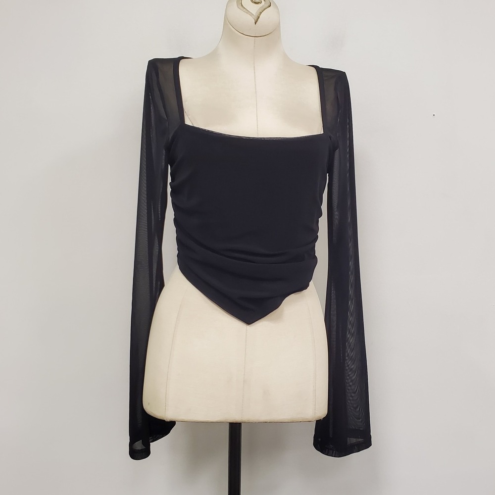 Mesh Flare Sleeve Square Neck Basque Waist‎ Drapey Top Size S Black Witchy Goth